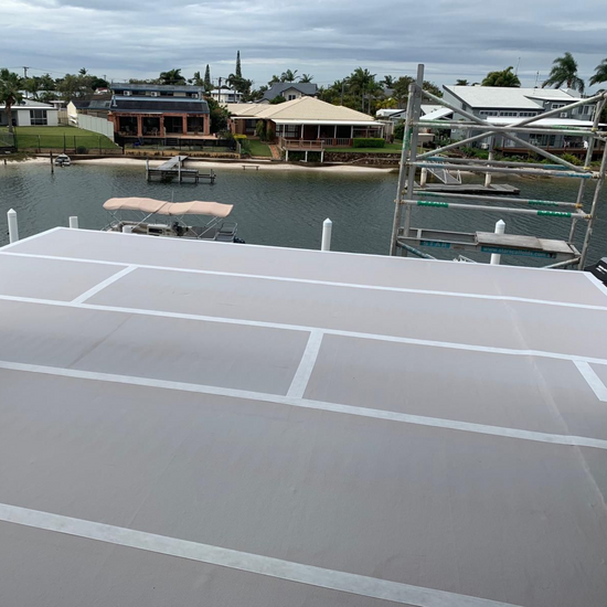 Gripset XpressLay self-adhesive PVC waterproofing membrane on balcony deck, reinforced sheets with overlaps for anti-fract...