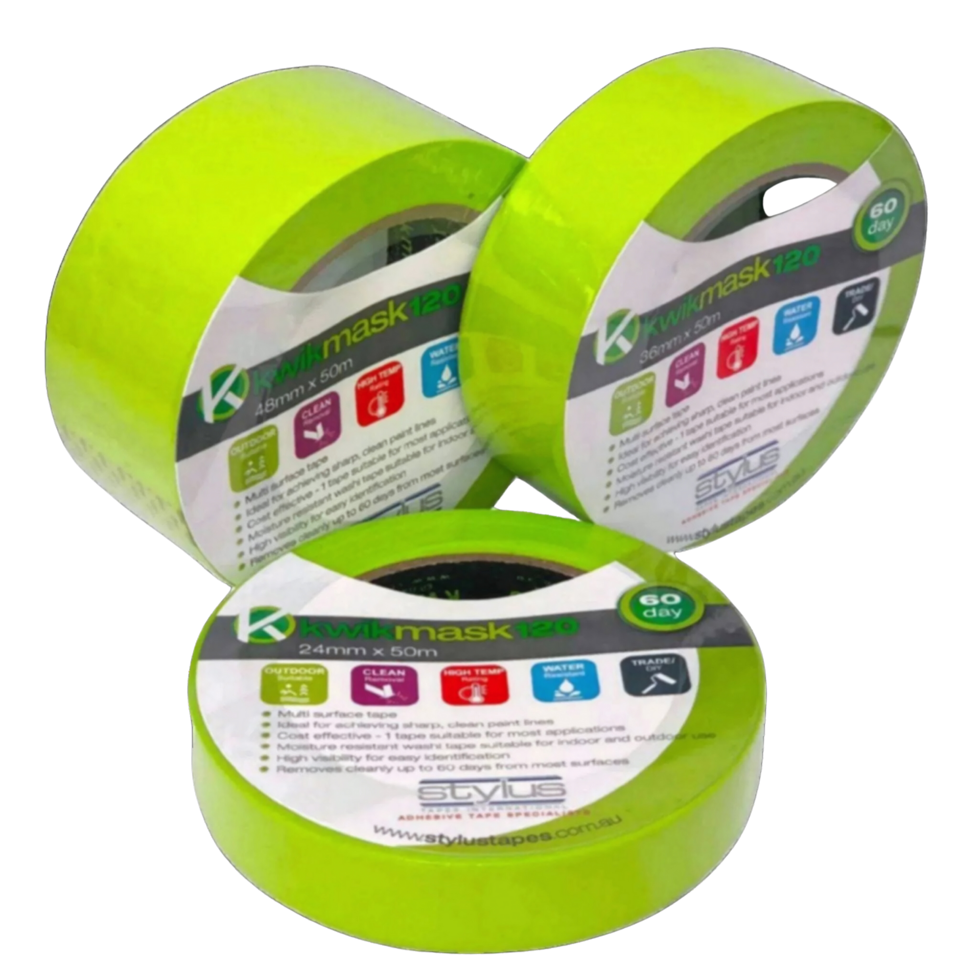 Three rolls of KwikMask120 green high-temp masking tape for sharp paint lines, minimal bleed, clean removal up to 60 days.