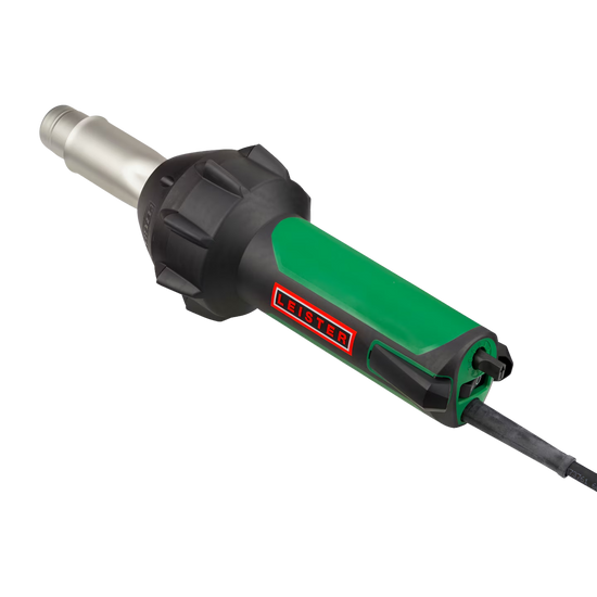 Leister professional heat gun with green ergonomic handle, black body, silver nozzle, and power cord.