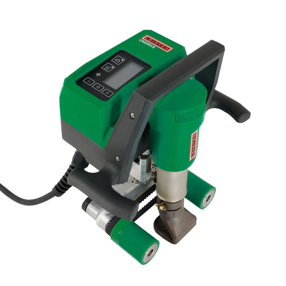 Leister green handheld extrusion welder with digital LCD display, ergonomic grip, nozzle, rod feeders & power cord