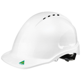 White Maxisafe vented hardhat with ratchet harness, 10 vents for airflow, AS/NZS 1801 certified head protection for trades.