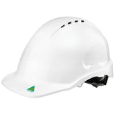 White Maxisafe vented hardhat with ratchet harness, 10 vents for airflow, AS/NZS 1801 certified head protection for trades.
