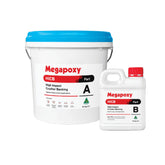 Megapoxy HICB epoxy grout kit: 8kg Part A pail, 2kg Part B bottle for high-impact crusher liner backing, 115MPa strength.