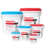 Megapoxy P1 two-part epoxy paste adhesive pails (blue Part A, red Part B) for 80MPa concrete repair, structural bonding.