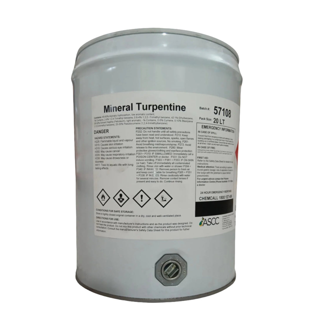 20L Adheseal Mineral Turpentine drum, solvent degreases tools, machinery in construction trades