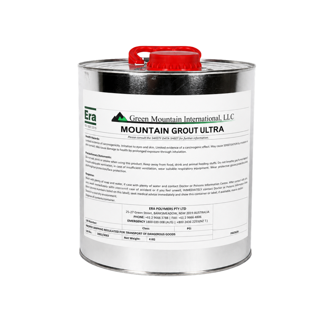 A silver metal can of Green Mountain International, LLC Mountain GROUT ULTRA with a red plastic handle on a white background.