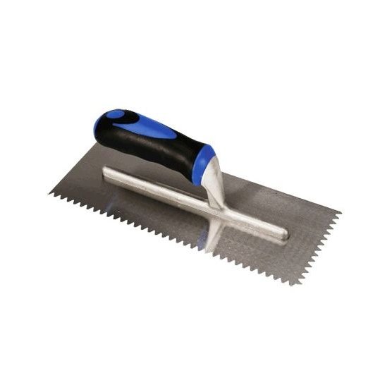 BAT Bright Steel V-Notch Trowel, soft grip handle: precise flooring adhesive application, 3-12mm notches for correct sprea...