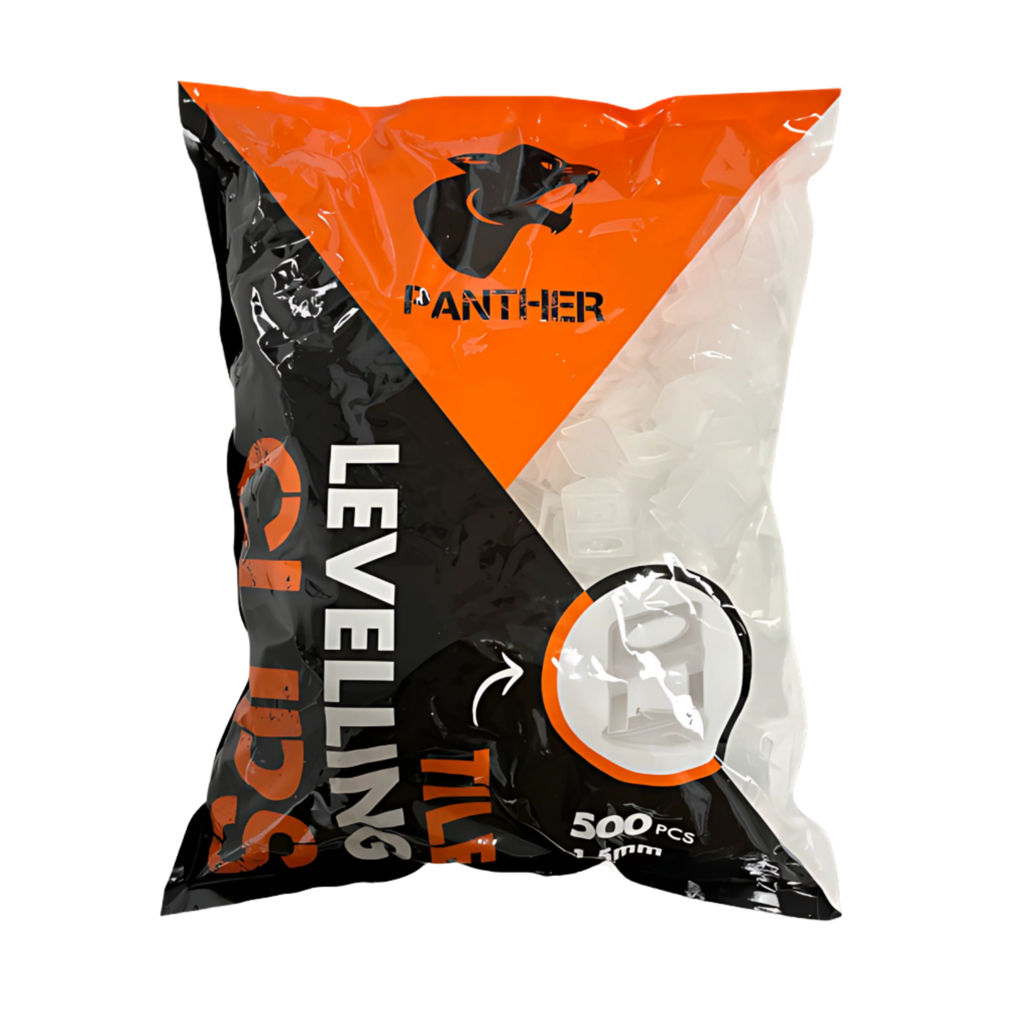 Panther 1.5mm levelling base clips (500 pack) in orange bag; aligns 3-12mm tiles, prevents lippage in adhesive beds.