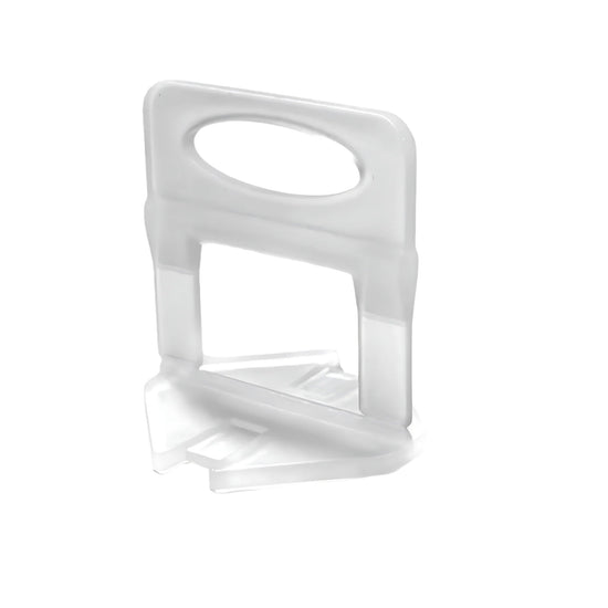 Panther 1.5mm base levelling clips (white plastic, oval grip, wedge base) align 3-12mm tiles over adhesive, prevent lippage.
