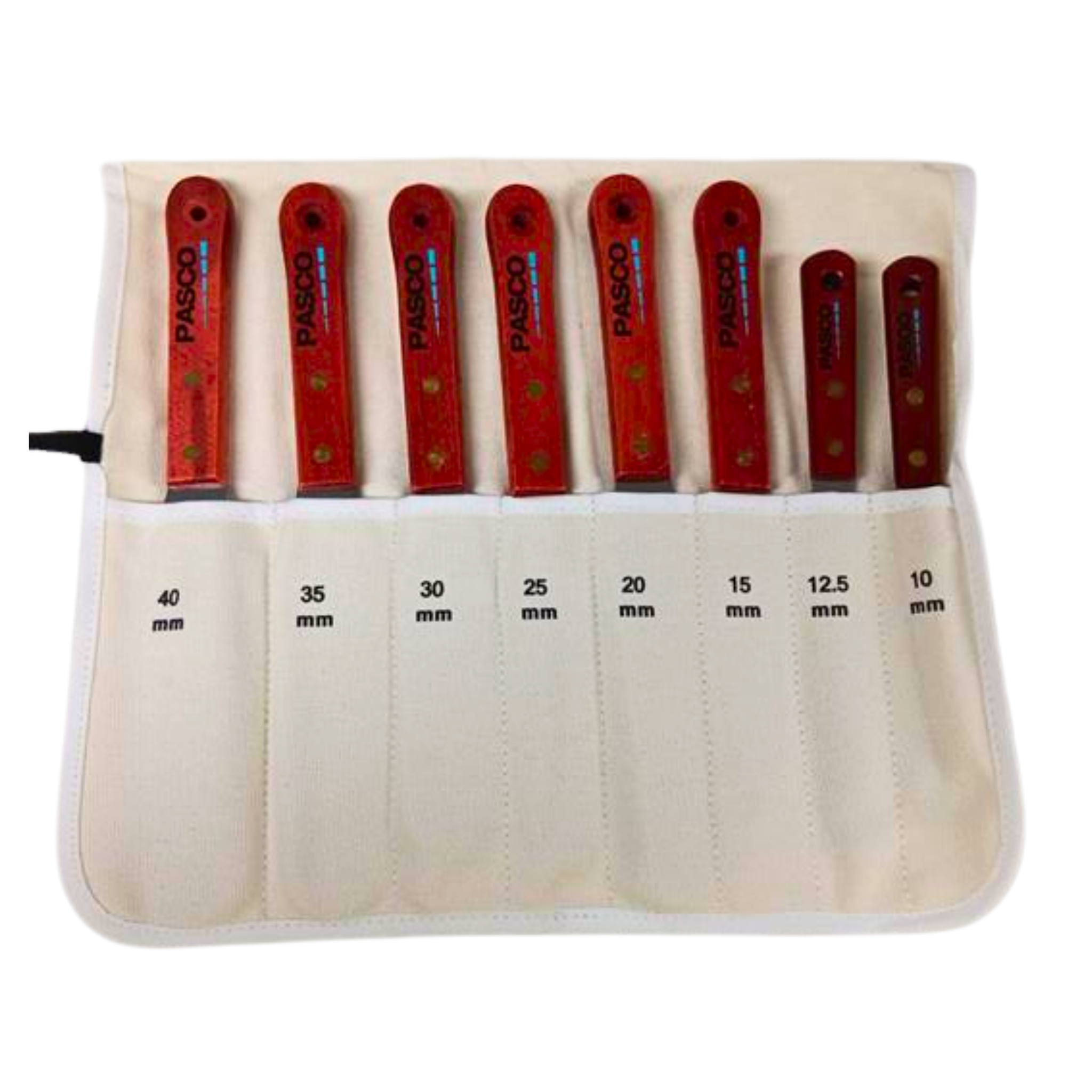 Pasco 8 stainless steel caulking blades (10-40mm), red handles in canvas pouch, for precise joint sealing and sealant smoo...