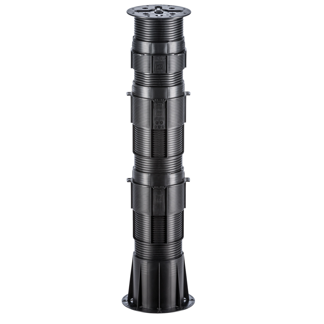 Black segmented cylindrical support column with mechanical panels, ribbed design, and flared base.