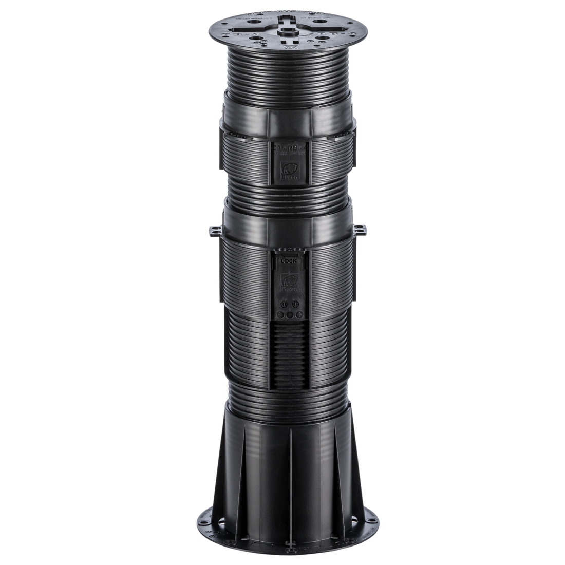 Black adjustable plastic deck pedestal with ribbed design, square base, and height-adjustable support for balcony decking.
