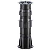Black adjustable plastic deck pedestal with ribbed design, square base, and height-adjustable support for balcony decking.