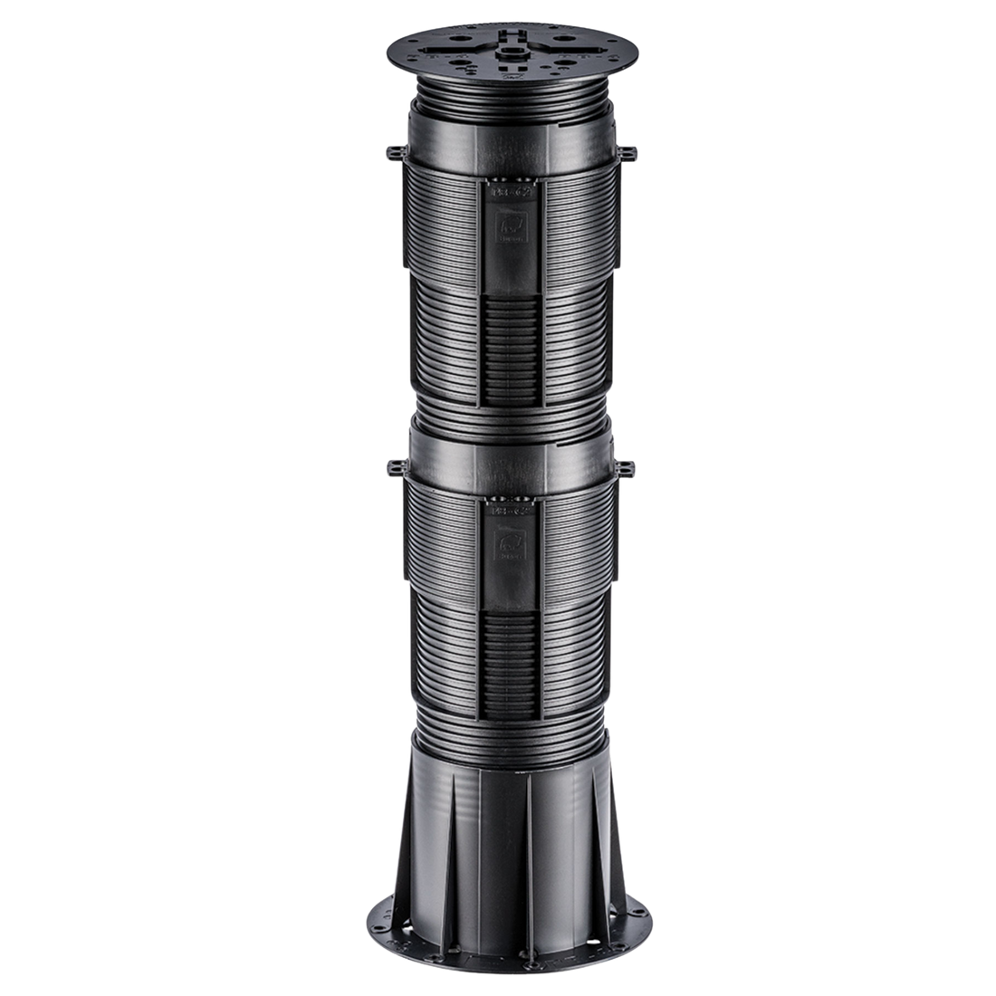 Adjustable black ribbed deck pedestal with mounting brackets and stable base for outdoor flooring.