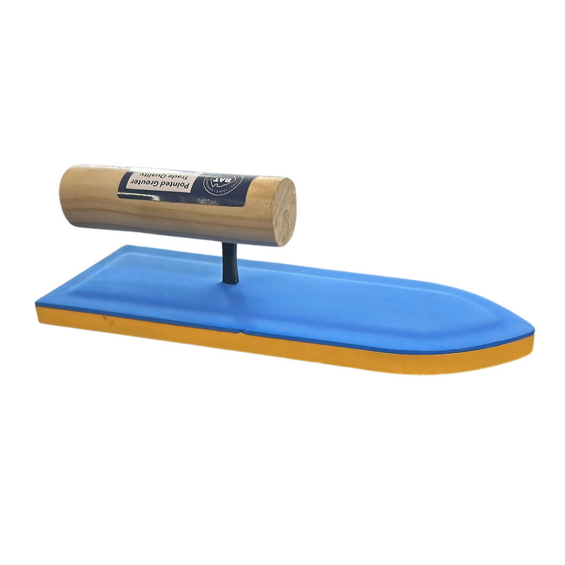 Golden blue foam plastering trowel with orange edge and ergonomic wooden handle