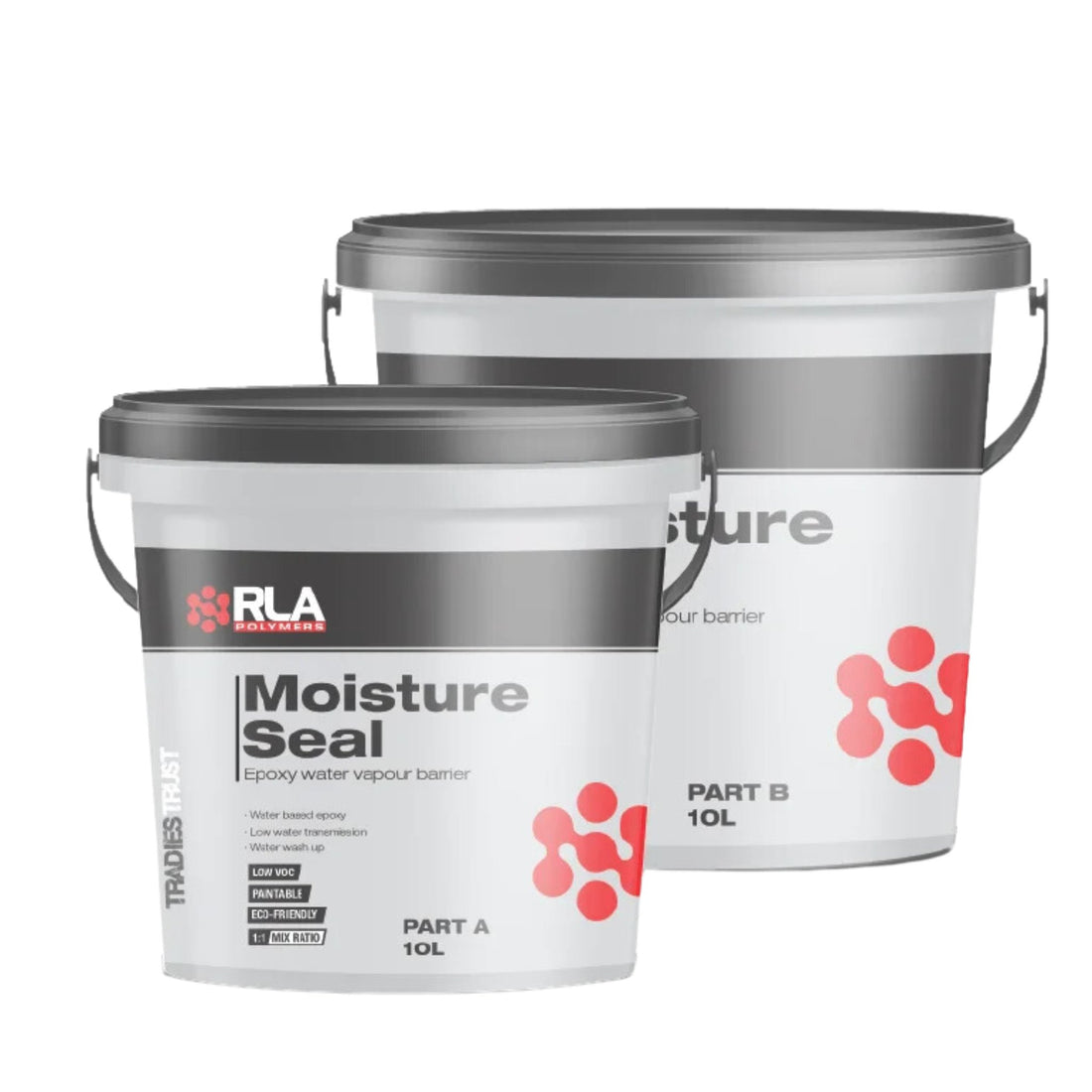Two 10L pails RLA Moisture Seal Part A & B: water-based epoxy vapour barrier primer blocks moisture on damp concrete for w...