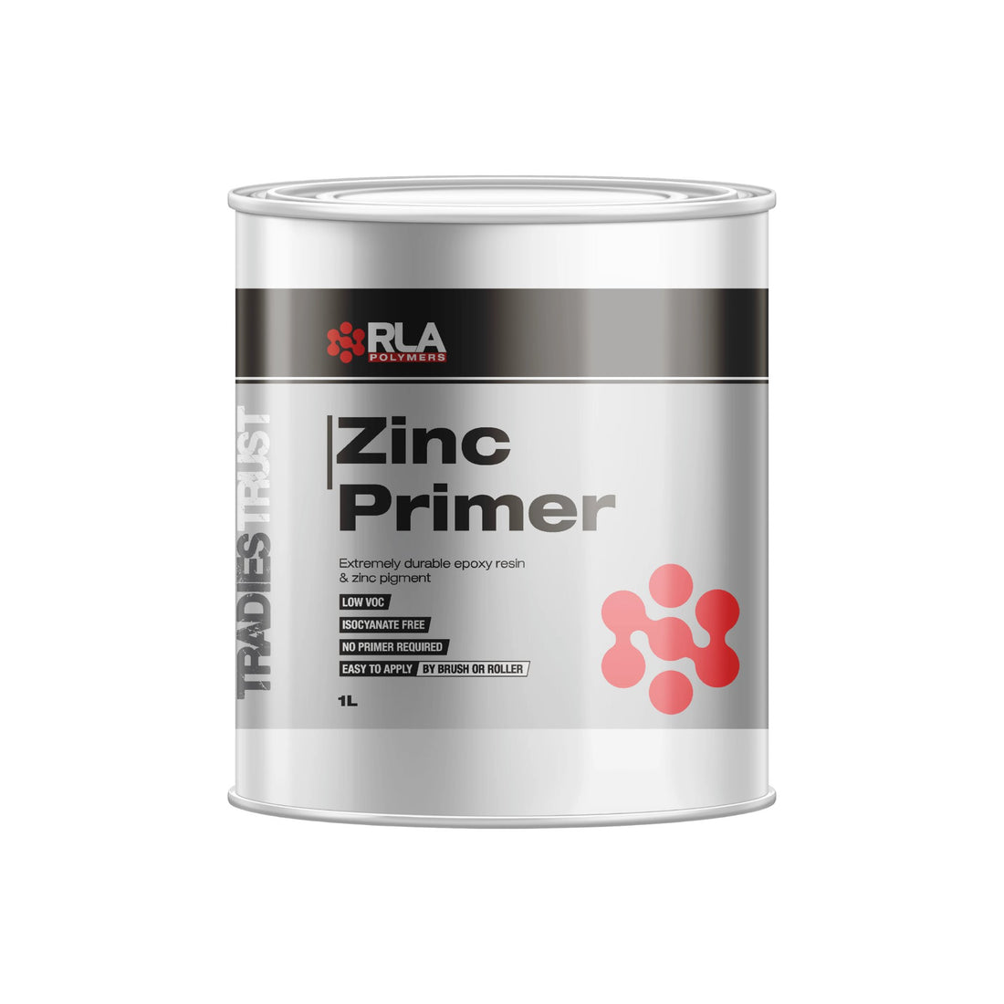 A 1L can of RLA Polymers Trades Trust Zinc Primer, featuring a metallic silver can with a dark gray and white label and red accents.