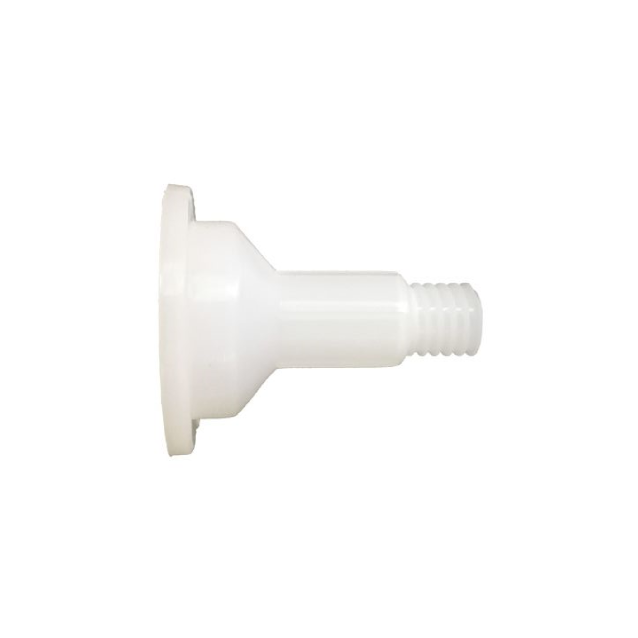 Pair of white plastic sausage gun nozzle adaptors with threaded tips for fitting standard nozzles to caulking guns, precis...