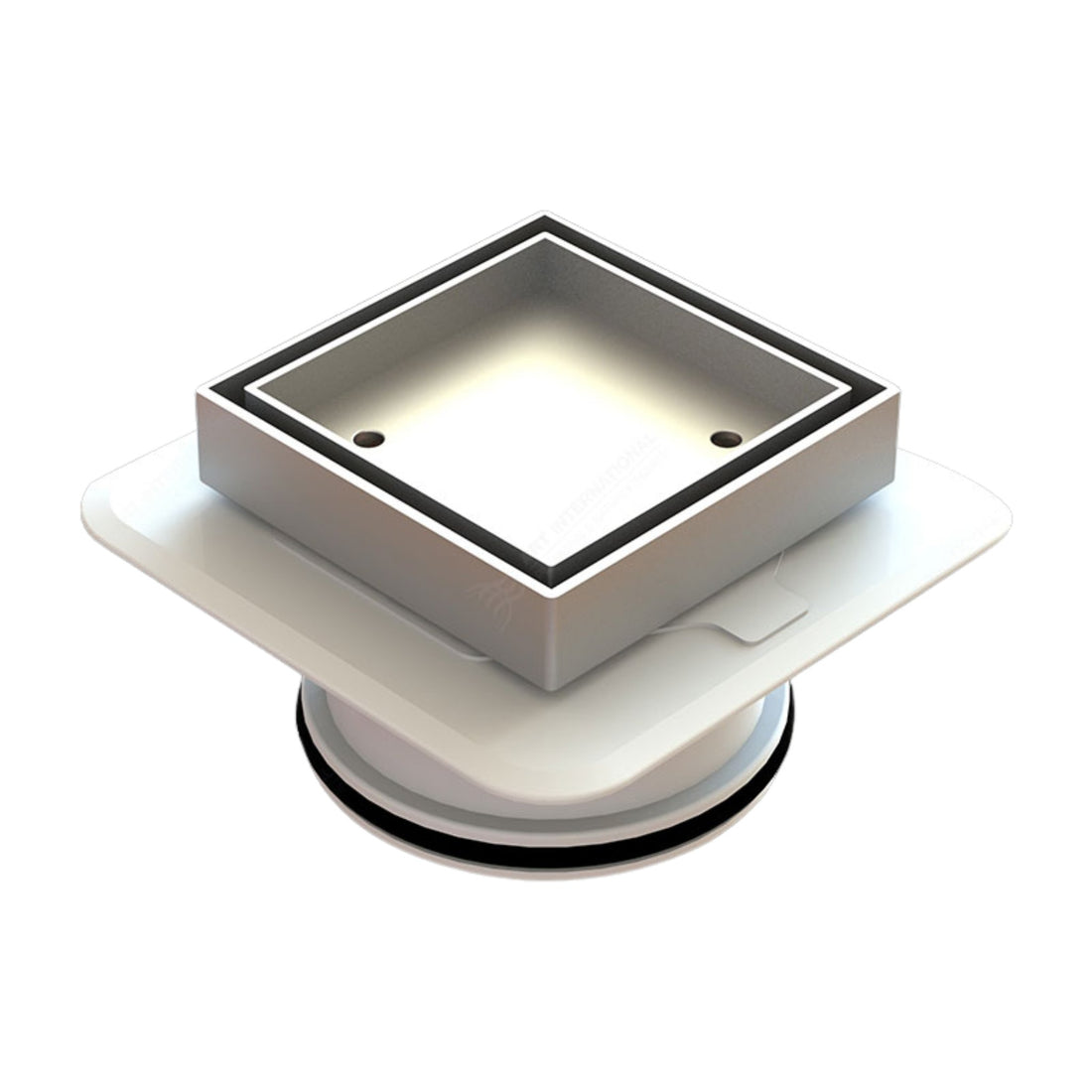 Square Bermuda Lowline Megaflex™ 100x100mm floor waste: flush brass grate on flexible ABS base for tiled wet areas, waterp...