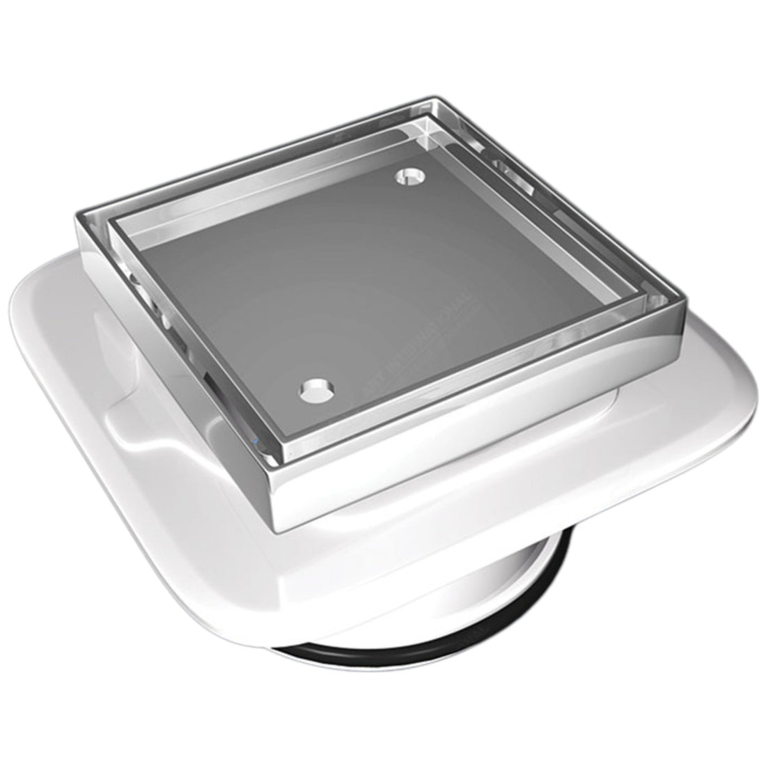 Square stainless steel shower drain with perforated grate on white mounting base