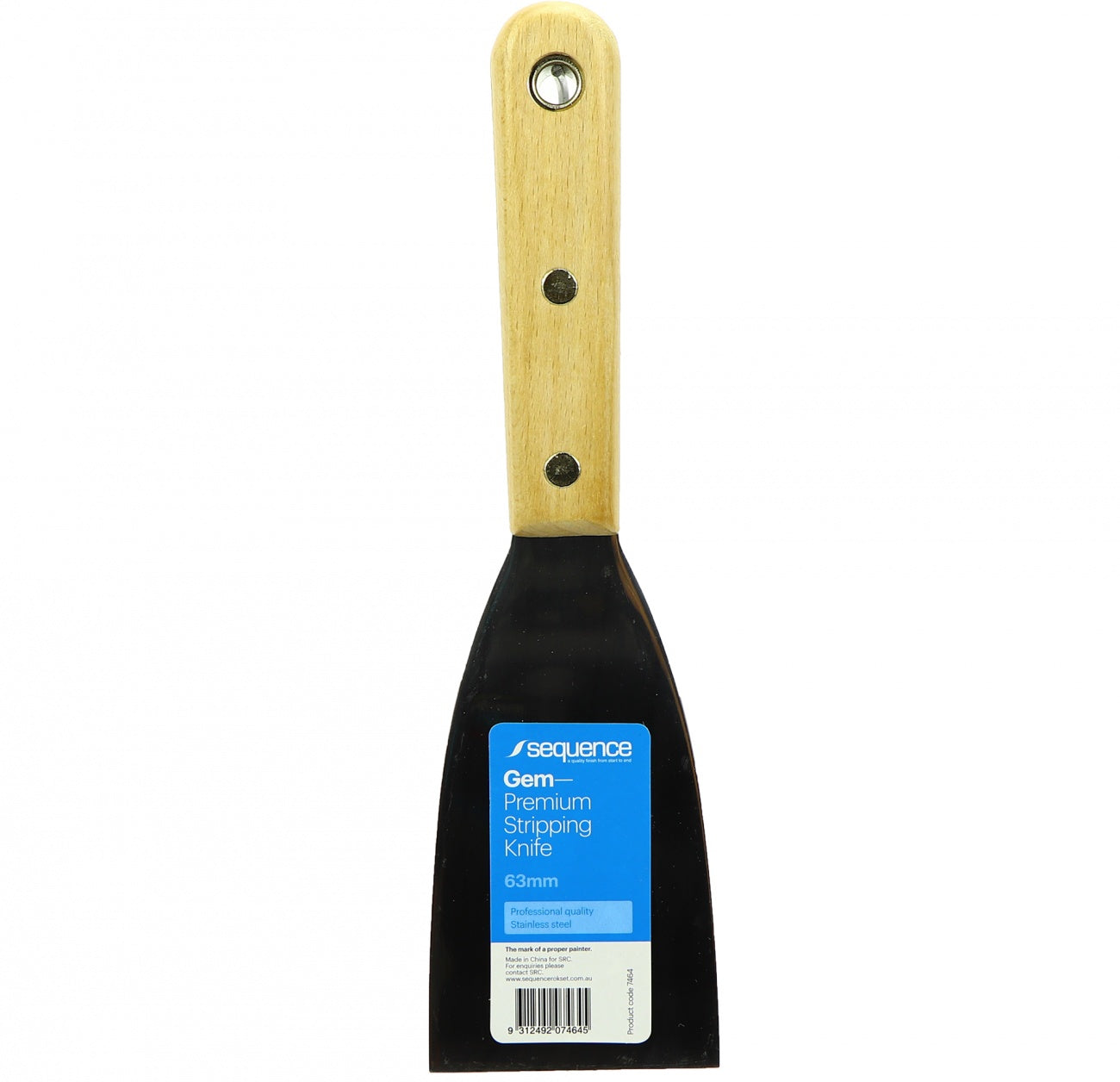 62mm Sequence Gem stripping scraper: stiff stainless blade, hardwood handle removes adhesives, paint for subfloor prep.