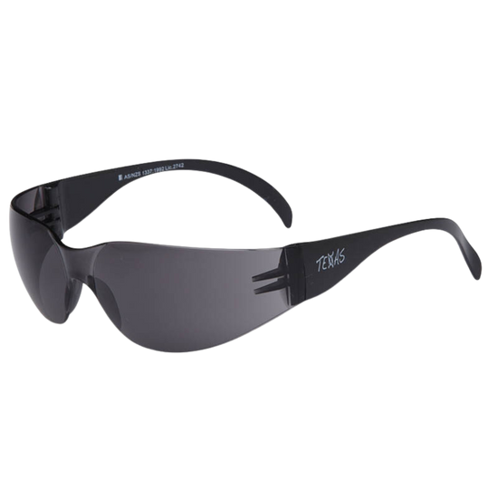 Sleek wraparound Texas EBR330 safety glasses, smoke lens: anti-fog, anti-scratch, 99.9% UV protection for trade eye safety...