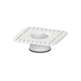 A white square-shaped Megaflex Puddle Flange plumbing fitting with a central socket.