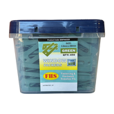 Pack of 450 green 3mm window packers in blue plastic tub, ideal shims for window installation