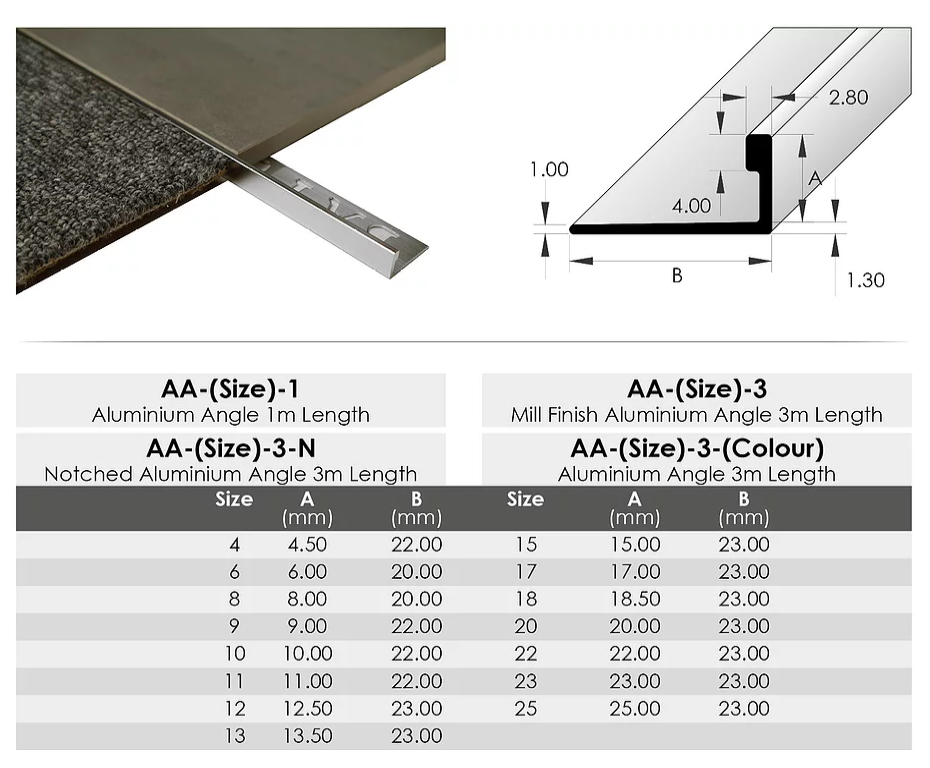 L-shaped perforated aluminium tile angle for edge protection & grout grip in wet area tiling; sizes 4.5-22mm shown.