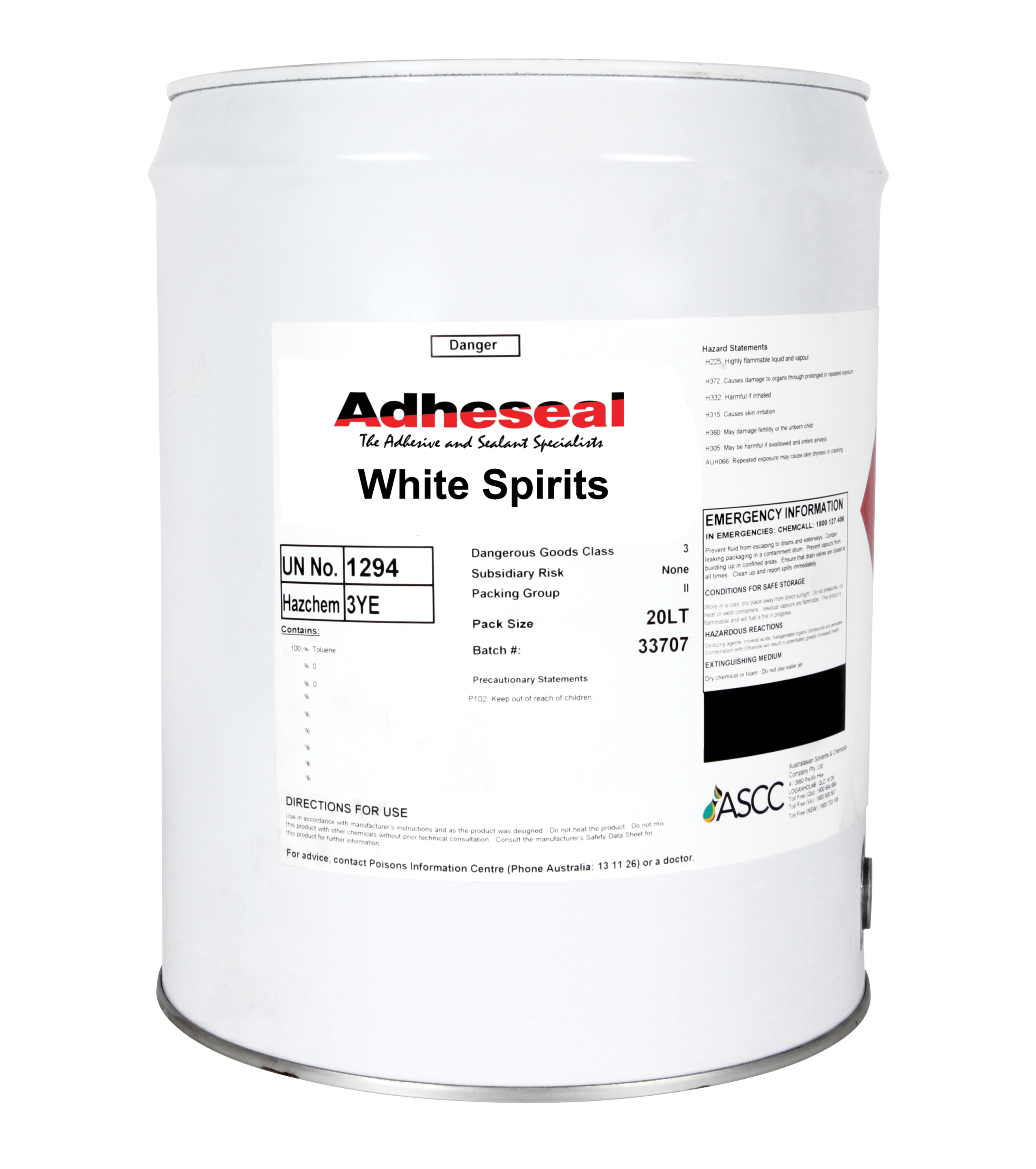 Adheseal 20L White Spirits drum, mineral turps solvent for tool cleaning, surface prep and paint thinning in construction.