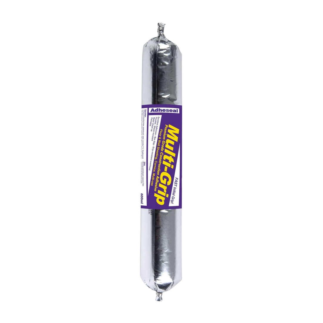 A single tube of Multi-Grip Multi-Use Adhesive with a metallic silver body and a purple label, shown vertically on a plain white background.