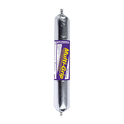 A single tube of Multi-Grip Multi-Use Adhesive with a metallic silver body and a purple label, shown vertically on a plain white background.