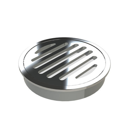 100mm chrome-plated brass push-in round grate for floor wastes over waterproofing membranes in wet areas, AS 1192 compliant.