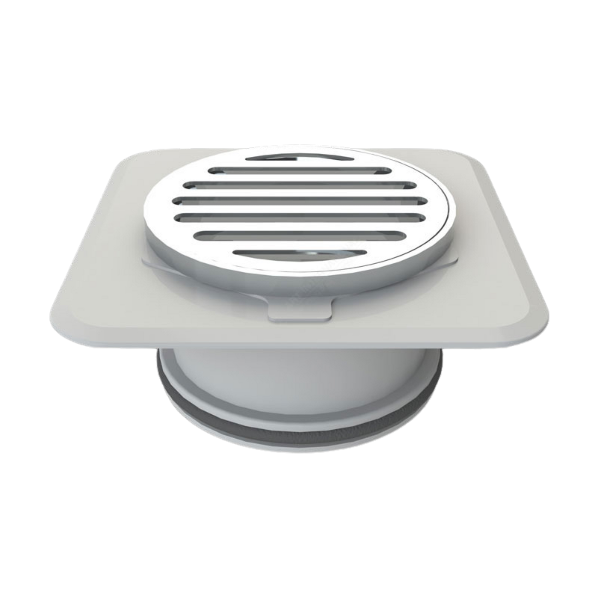 100mm Round Megaflex Stick Down Floor Waste: chrome brass grate, ABS flange bonds securely to waterproofing membrane.