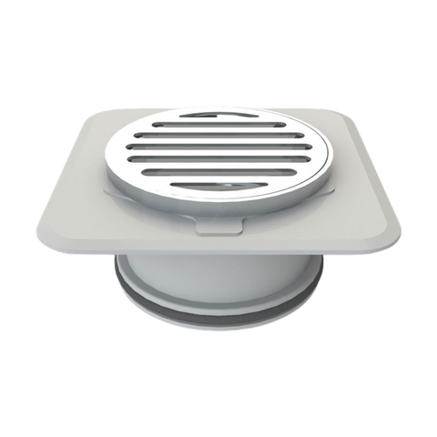 100mm Round Megaflex Stick Down Floor Waste: chrome brass grate, ABS flange bonds securely to waterproofing membrane.