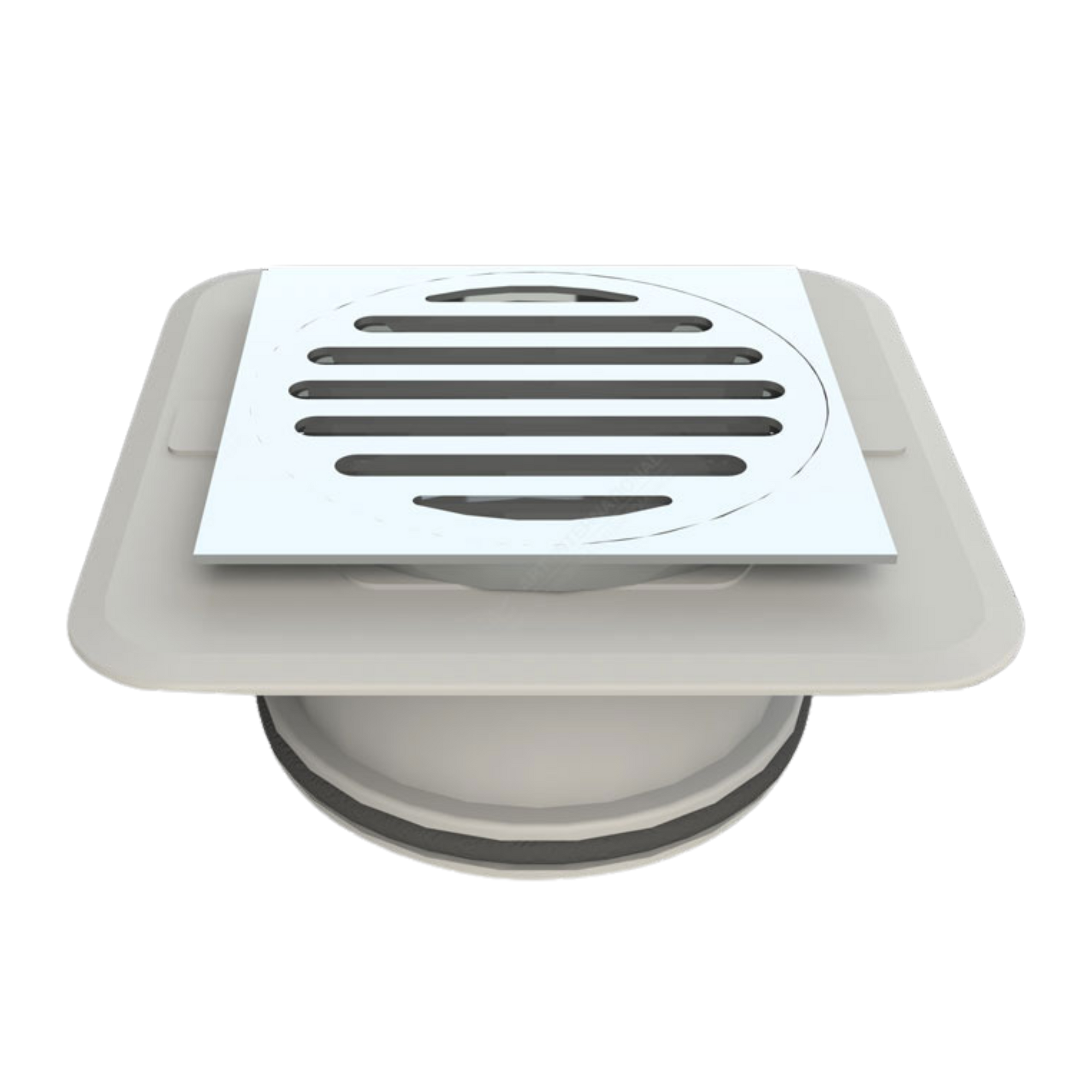 100mm sq Megaflex stick-down floor waste: chrome brass grate on ABS flange bonds securely to waterproofing membrane for le...