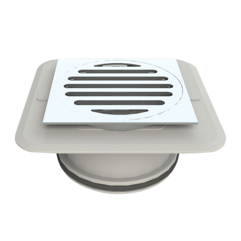 100mm sq Megaflex stick-down floor waste: chrome brass grate on ABS flange bonds securely to waterproofing membrane for le...