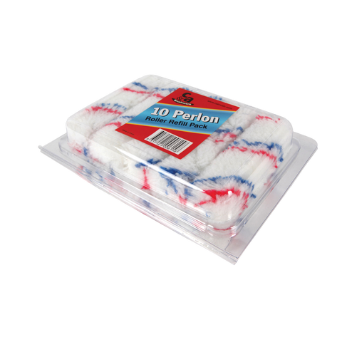 Pack of 10 100mm mini Perlon roller covers for precise paint application on glass, aluminium and wood.