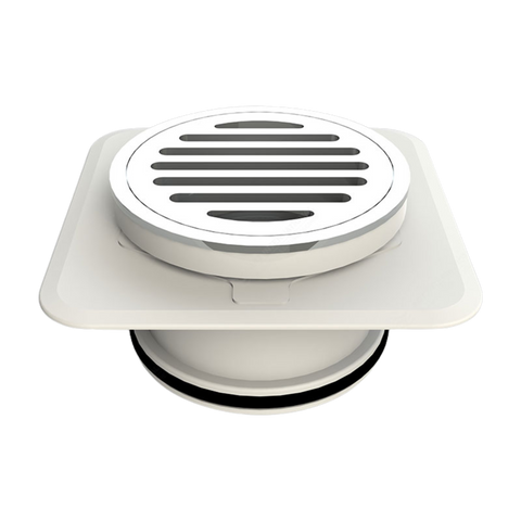 100mm raised chrome square floor waste with Megaflex™ flange for watertight seal to waterproofing membrane in showers