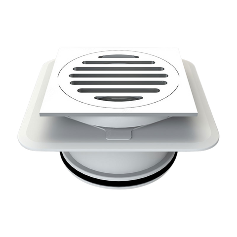 100mm square raised floor waste, chrome grate, Megaflex™ flange for watertight seal over waterproofing membrane, prevents ...
