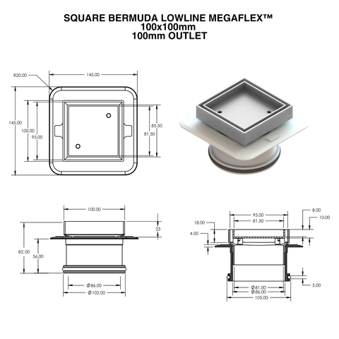 100x100mm Square Bermuda Lowline Megaflex floor waste diagram: flush brass grate, flexible ABS base for tiled wet areas, w...