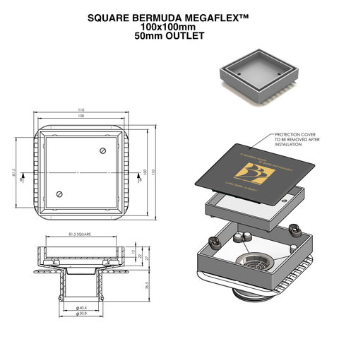 Square Bermuda Mega Flex™ 100x100mm floor drain with 50mm outlet & protection cover - exploded technical view
