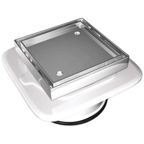 Square stainless steel shower drain with perforated grate on white mounting base