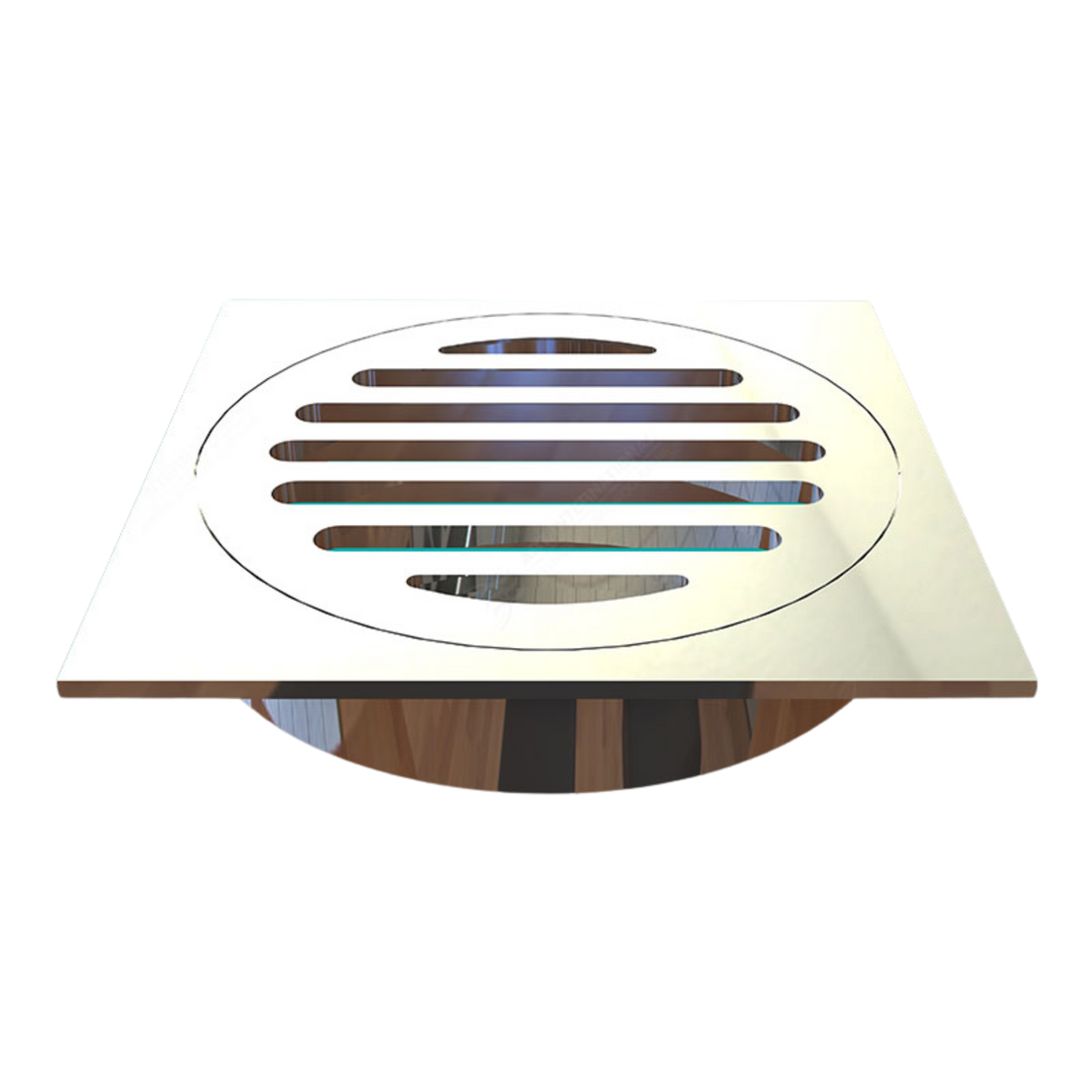 Square stainless steel shower drain grate with circular slotted bars, modern chrome finish on wood floor.