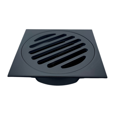 Square stainless steel shower drain grate with curved slot design for modern bathrooms