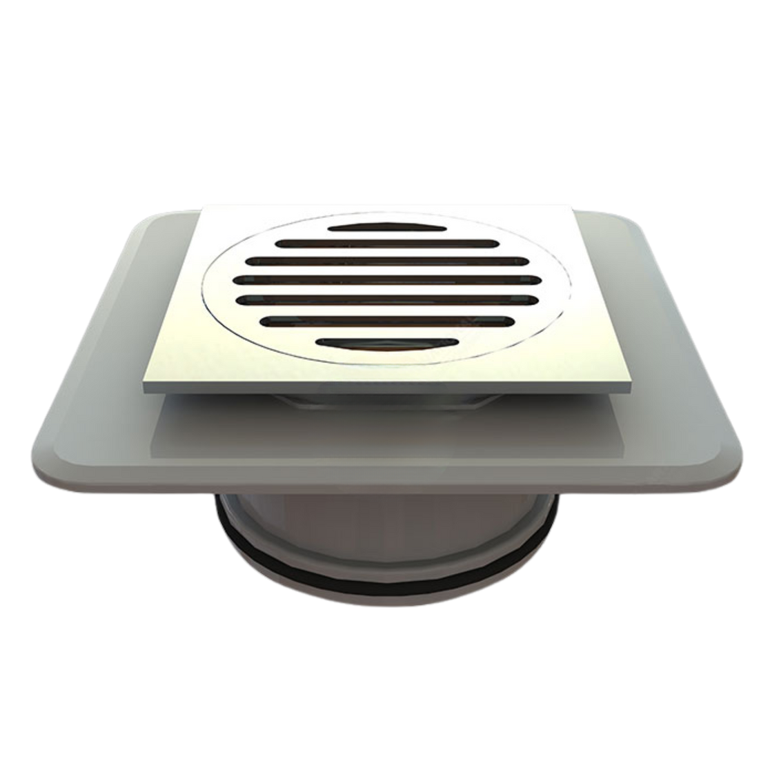 Square stainless steel shower drain grate with slotted circular center, modern bathroom floor drain cover.