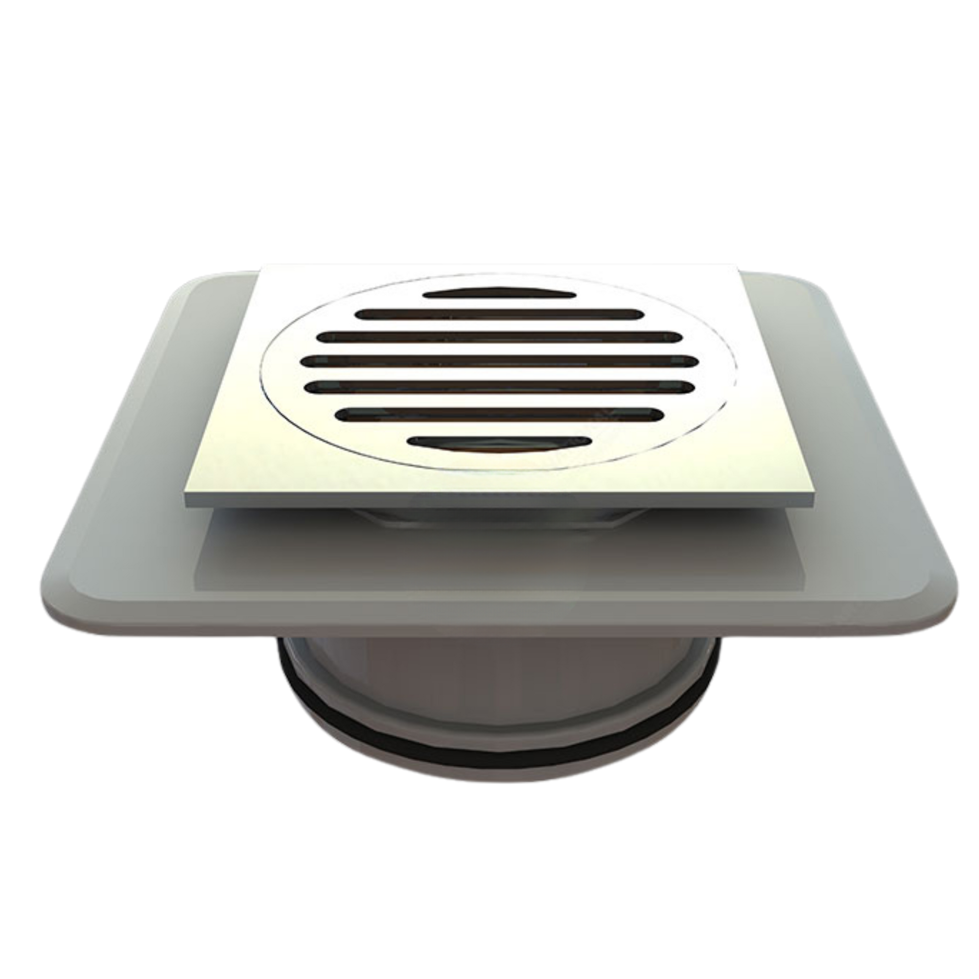Square stainless steel shower drain grate with slotted circular center, modern bathroom floor drain cover.