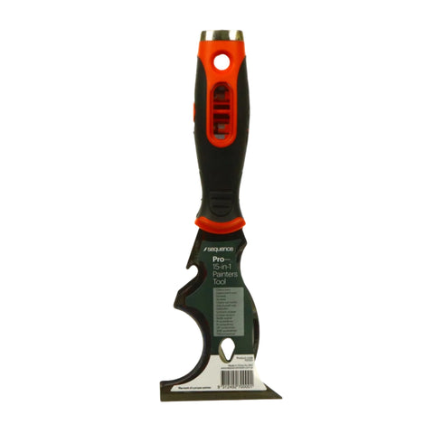 Sequence Pro 15-in-1 painter's tool: soft-grip handle, stiff steel blade for scraping, spreading adhesives/fillers, nail s...
