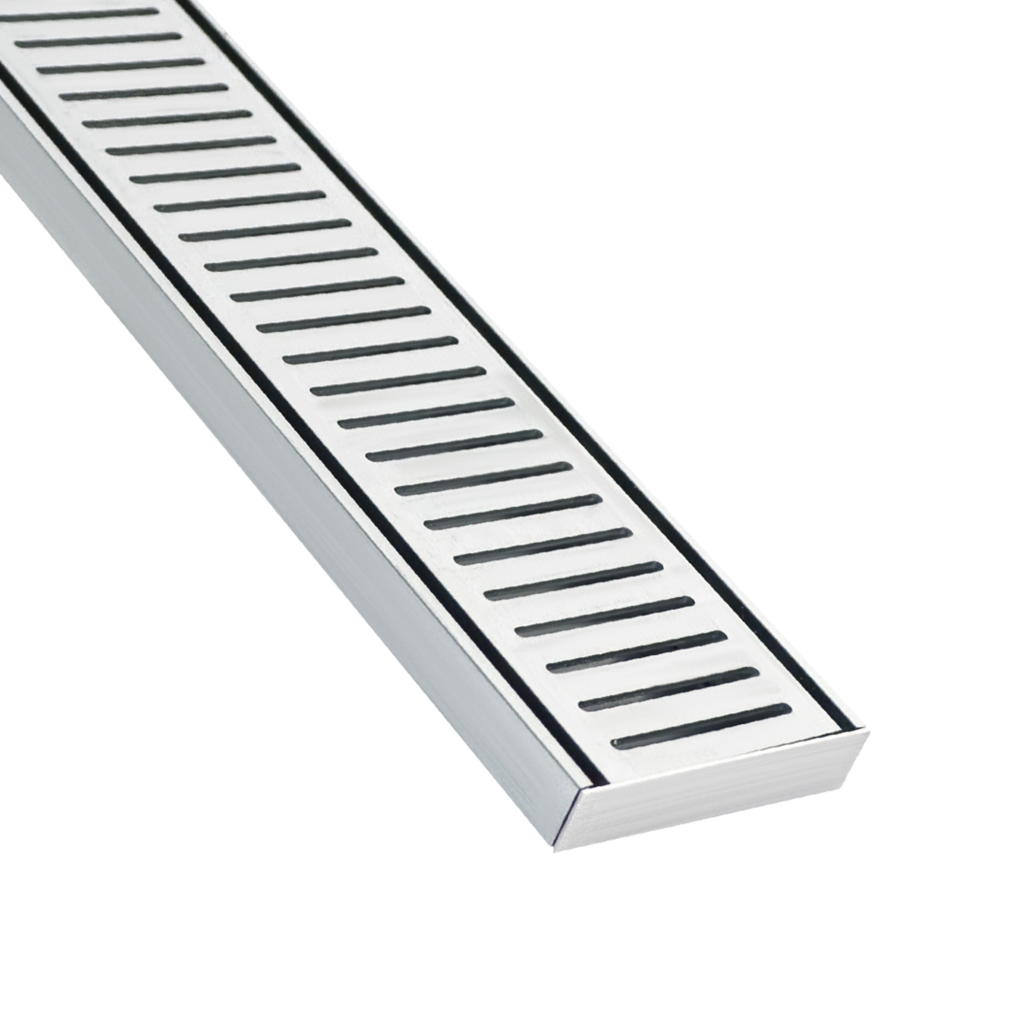 Stainless steel linear shower drain with sleek parallel slats for modern bathrooms.