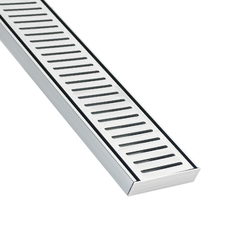 Stainless steel linear shower drain with sleek parallel slats for modern bathrooms.